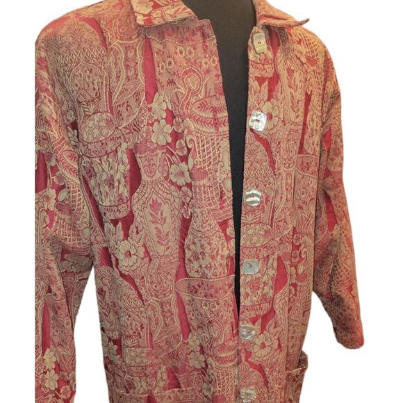 Vintage Harari Red Brocade Textured Jacket Long Sleeve Button Down Top One Size - Picture 4 of 16